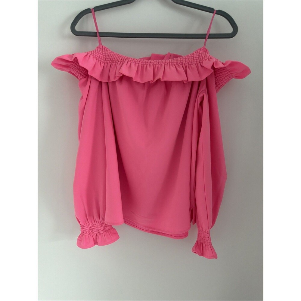 Crown & Ivy Off On Shoulder Shirt Top Womens Sz XL Neon Pink Smocked Stretch EUC - Picture 2 of 11